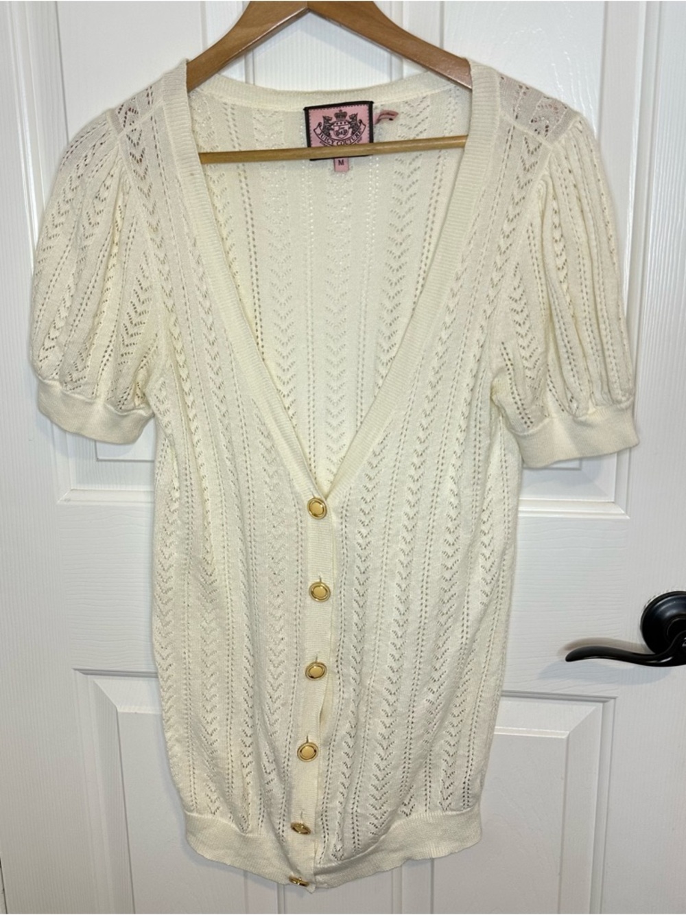 Y2K Juicy Couture Creme Open Knit Puff Sleeve Button Down Short Sleeve Cardigan